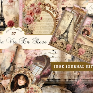 Shabby Chic Paris Junk Journal Bundle à télécharger, kit imprimable vintage Coquette esthétique Junk Journal, pages éphémères, cartes, étiquettes Folio JPG