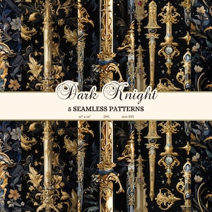 May include: Five seamless digital paper patterns featuring intricate gold and blue sword designs on a black background. The patterns are perfect for scrapbooking, card making, and other craft projects.