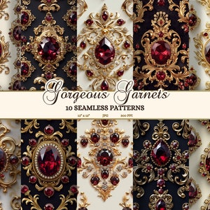 Elegante bordeauxrode barokke naadloze patronen, rococo ongewenste tijdschrift afdrukbare pagina's, koninklijke achtergrond wijnrode juwelen, granaat edelstenen JPG