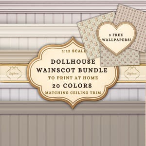 Könnte beinhalten: Ein digitales Set aus 1:12 Puppenhaus-Wandverkleidungen und passenden Deckenleisten in 20 Farben, mit druckbaren Wandpaneelen und drei kostenlosen Tapetenmustern, gekennzeichnet durch ein herzförmiges Etikett mit der Aufschrift 3 FREE WALLPAPERS!.