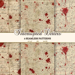 Patrones sin costuras de terror JPG, letras antiguas manchadas de sangre, efímera de diario basura gótica imprimible, descarga de Drácula, accesorio estético de vampiro