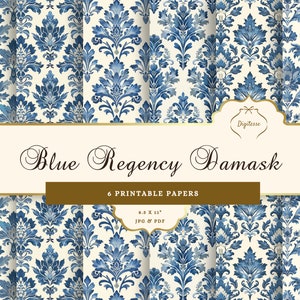 Cream and Blue Damask Paper JPG, Blue Regency Dollhouse Wallpaper Printable, Chinoiserie Digital Paper, Elegant Blue Junk Journal Paper Set