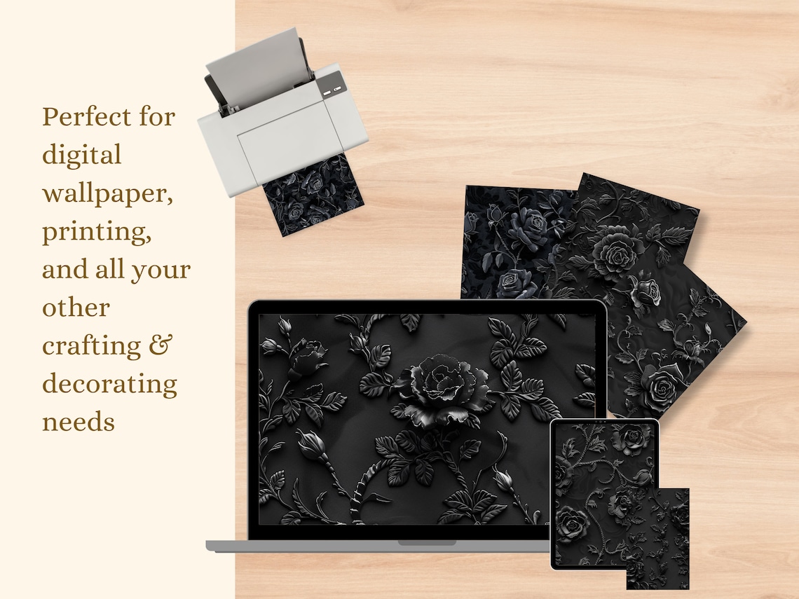 Gothic Digital Paper Set, Black Roses Seamless Patterns, Victorian ...