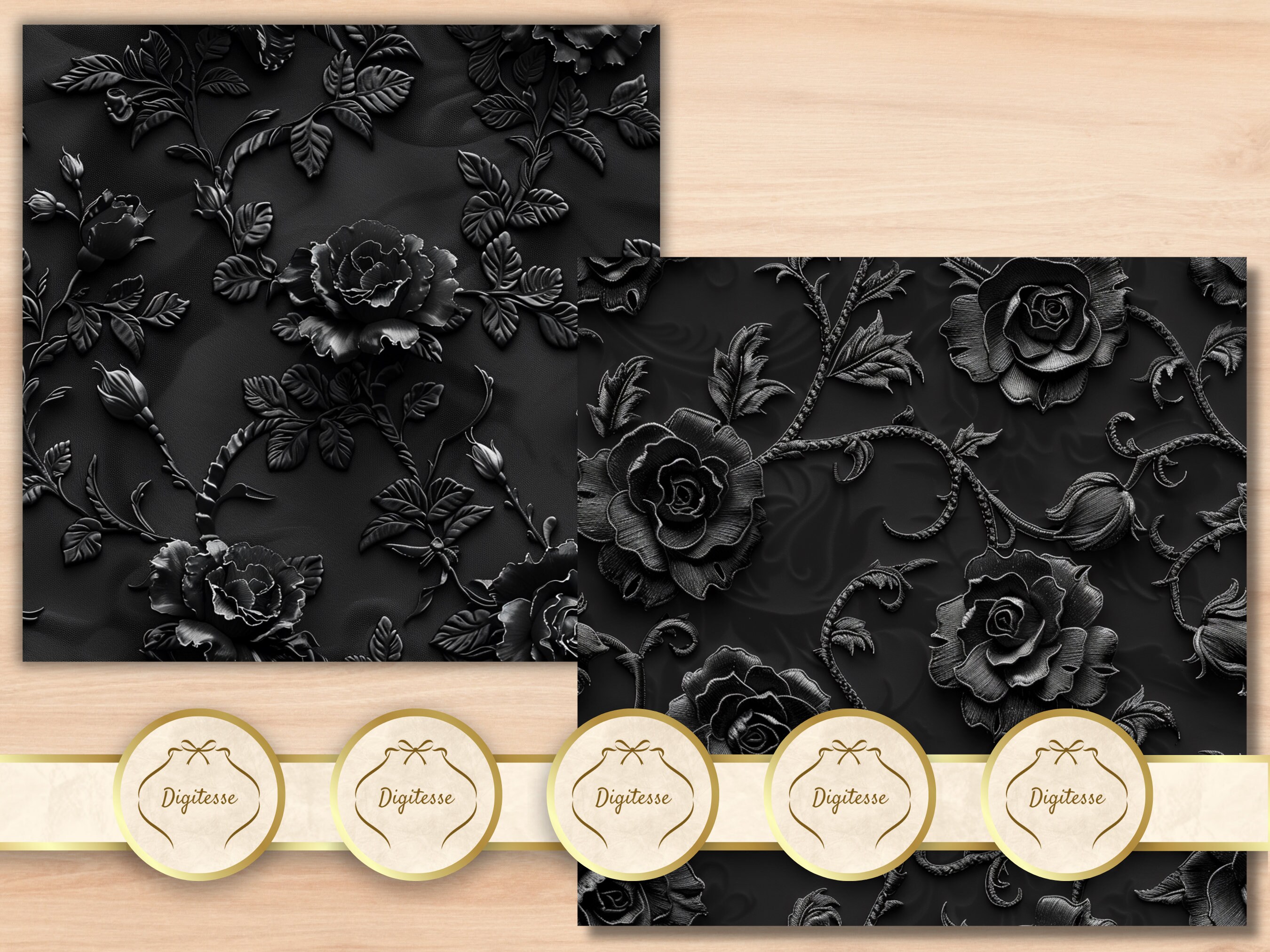 Gothic Digital Paper Set, Black Roses Seamless Patterns, Victorian ...