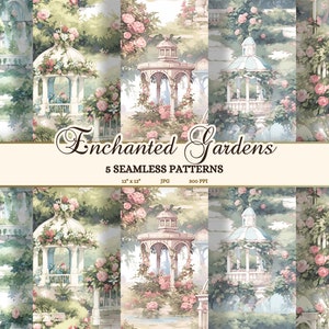 Ästhetische Aquarell Garten Clipart JPG, Verträumte Romantische Nahtlose Muster, Gazebo, Brunnen, Rosen, Printable Seiten Junk Journal Niedlich Süß