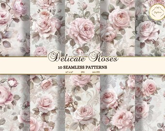 Pink Roses Seamless Patterns, Shabby Chic Floral Junk Journal (JPG Digital Download)