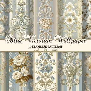 Pale Blue Victorian Seamless Patterns, Flowered Victorian Dollhouse Wallpaper Printable, Junk Journal Pages Vintage, Floral Stripe Paper JPG