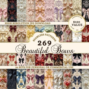 Bow Seamless Pattern Bundle, Rococo Watercolor Bows Digital Paper JPG, Coquette Aesthetic Junk Journal Paper Download, Vintage Shabby Chic