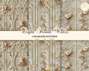 Delicate Floral Junk Journal Paper, Rococo Palace Walls Texture, Cream and Pink Flowers Seamless Patterns, Elegant Royal Dollhouse Wallpaper