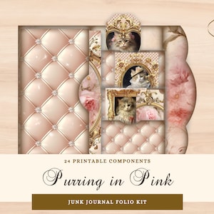 Chats dans les vêtements Junk Journal Folio Kit à télécharger, vintage Roses Junk Journal éphémères imprimable, composants de chat victorien JPG, Floral rococo