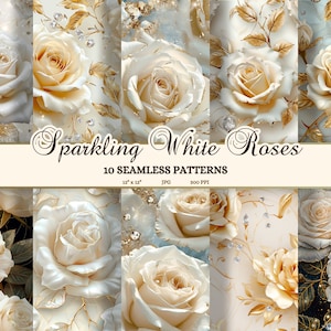Roses en papier numérique, modèle sans couture à télécharger pour la Saint-Valentin, journal imprimable indésirable pour mariage, clipart floral, fond blanc et or