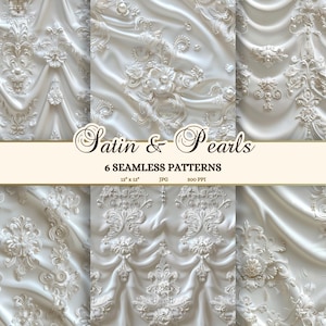 Bruiloft naadloze patroon download, geborduurde witte satijnen achtergrond met parels, luxe trouwjurk textuur, bruids plakboekpapier JPG