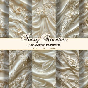 Puede incluir: Diez patrones digitales sin costuras que presentan rosetas de marfil y tejido de satén en color crema. Los patrones miden 30,48 centímetros por 30,48 centímetros y tienen una resolución de 300 píxeles por pulgada.