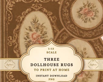 1:12 Scale Floral Dollhouse Rugs, Vintage Miniature Decor (Digital Download)