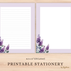Cancelleria stampabile lilla, download di carta per quaderno floreale viola pallido, carta per diario floreale acquerello JPG, carta da lettere con e senza fodera