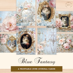 Cartes imprimables roses et bleues pour le journal indésirable rococo, chats dans des vêtements cartes ATC JPG, éphémères floraux rococo, compléments baroque pour le journal indésirable