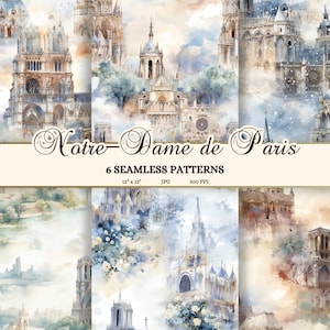 Modèles sans couture gothique Junk Journal Pages imprimables, papier de scrapbooking Notre-Dame de Paris, aquarelle monument Français Clip Art JPG