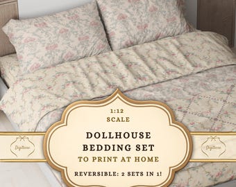1:12 Scale Dollhouse Bedding Sewing Patterns, Shabby Chic Floral Comforter, Pillows (Digital Download)