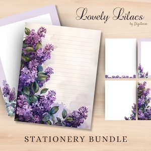 Conjunto imprimible de papel lila, papel de escritura de cartas florales de acuarela, diario de flores moradas, papelería imprimible JPG, cuaderno sin forro forrado