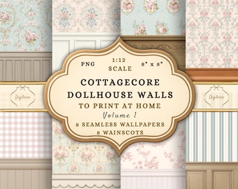 Printable Cottagecore Dollhouse Wallpaper & Wainscoting Bundle, 1:12 Scale Shabby Chic DIY Miniatures