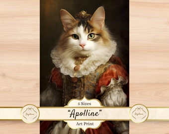 Regalo de gato calicó de pelo largo, retrato de gato real, pintura de gato calicó, lámina de gato renacentista, póster de gato calicó reina, arte mural de gato disfrazado