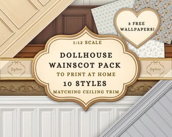 Printable Dollhouse Wainscoting and Wallpaper Pack, Miniature Wainscot Panels, Beadboard, & Ceiling Trim (Digital Download)