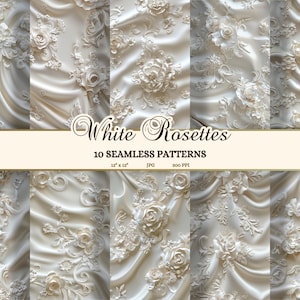 Luxus Hochzeit Junk Journal Seiten, elegante weiße Satin Rosette Textur, Blumen Brokat Hintergrund JPG, königliche Hochzeitskleid nahtlose Muster