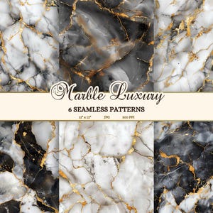 Op de afbeelding: Zes naadloze digitale papierpatronen met wit marmer met gouden en zwarte aderen. De patronen zijn 30,48 cm bij 30,48 cm en 300 DPI.