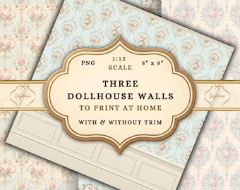Printable Floral Dollhouse Wallpaper, 1:12 Scale Shabby Chic Miniature Walls with Wainscoting (Instant Download)