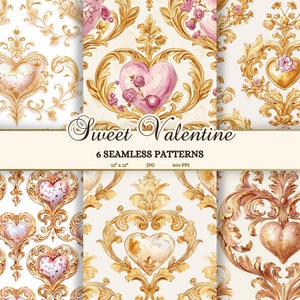 Rosa Herz Musterdesign, Rokoko Valentinstag Junk Journal Seiten bedruckbar, süße Aquarell Scrapbooking Papier-Download, Shabby Chic
