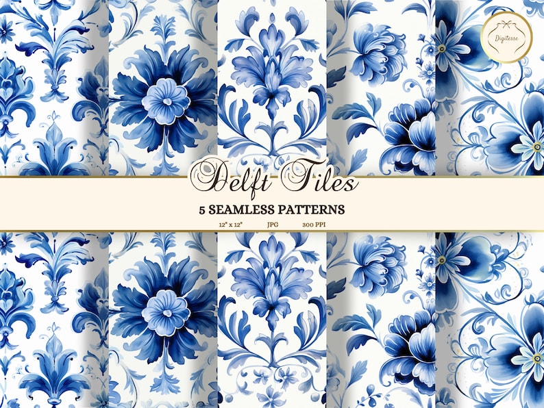 Delft Tile Seamless Pattern Digital Paper, Blue Porcelain (digital ...