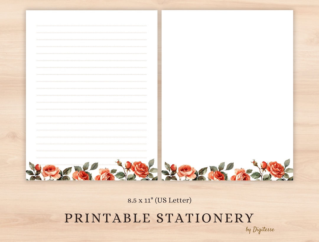 Printable Rose Stationery, Red Roses Notepaper Download, Letter Writing ...