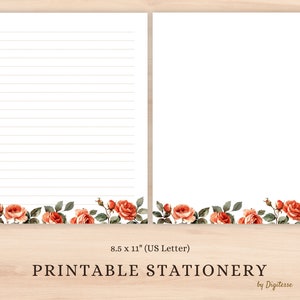 Papelería de rosas imprimible, Descarga de papel de carta de rosas rojas, Papel para escribir cartas, Rosas de acuarela, Papel de diario floral rayado digital JPG