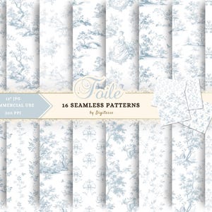 Patrón sin costuras en azul pálido, descarga de toile costero, papel para álbum de recortes Shabby Chic, papel de diseño digital rococó, papel para diario basura preppy