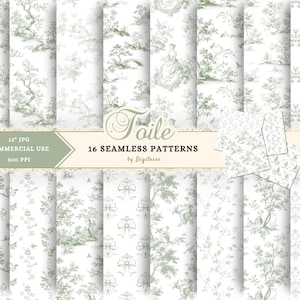 Carta digitale Toile verde salvia, carta digitale Cottagecore, motivo shabby chic senza soluzione di continuità, motivo digitale primaverile, carta per album vintage JPG