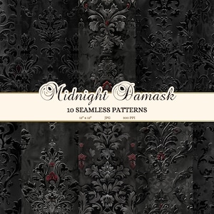 Carta digitale Velvet Gothic, set di motivi senza cuciture in velluto nero, carta da parati damascata stampabile JPG, download di velluto floccato nero e bordeaux