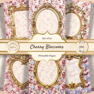 Kirschblüten druckbares Notizpapier, Junk Journal Frühlingsseiten, Sakura Sammelalbum JPG, rosa Blumen Briefpapier Download, gefüttertes Notizbuch mit Blumenmuster
