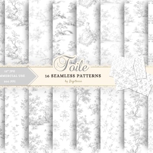 Grijs toile-plakboekpapier, neutraal naadloos patroon, shabby-chic digitaal designpapier, subtiel toile de jouy cottagecore-junkjournaalpapier