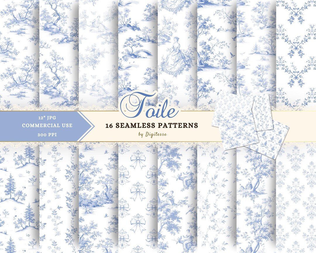 Toile De Jouy Seamless Patterns: French Blue Vintage Digital Paper ...