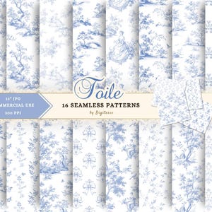 Naadloos Toile de Jouy-patroon, vintage Frans blauw digitaal designpapier, Shabby Chic Junk Journal Paper afdrukbaar, bloemen toile blauwe rococo