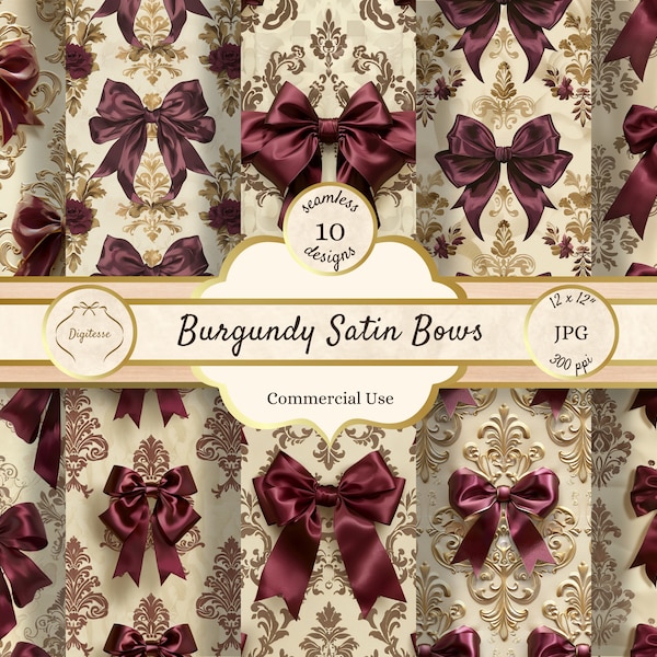 Burgundy Bows Seamless Pattern, Wine Red Satin Ribbon Scrapbook Paper JPG, Royal Luxury Gothic Maroon Victorian Junk Journal Pages Printable