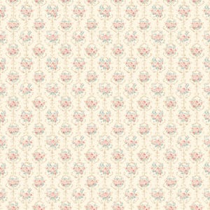 May include: Cream-colored floral pattern featuring repeating bouquets of pink roses and blue accents. The design has a vintage aesthetic, with a damask-like arrangement of the floral elements. The background is a soft, off-white color.