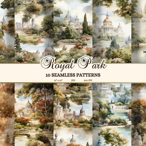 Spain Junk Journal, El Retiro JPG, Elegant Royal Garden Digital Paper, Light Academia Aesthetic Watercolor Seamless Pattern, Madrid Clip Art