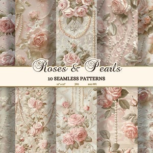 Vintage Roses Wallpaper, Perlen und Rosen Musterdesign JPG, Coquette Aesthetic Digital Paper, Balletcore Junk Journal Seiten druckbar