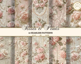 Vintage Roses Wallpaper, Pearls and Roses Seamless Pattern JPG, Coquette Aesthetic Digital Paper, Balletcore Junk Journal Pages Printable