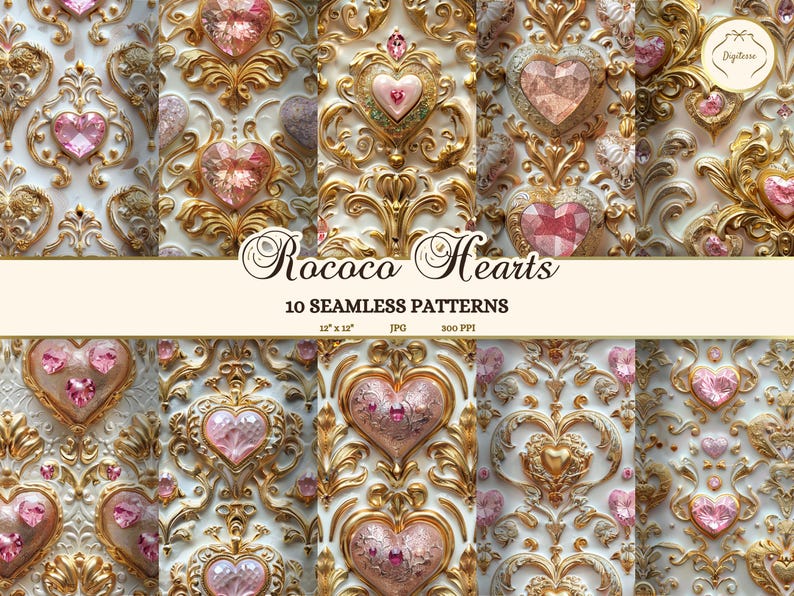 Pimk Rococo Pattern Rococo Valentine's Day Seamless Patterns, Jeweled Pink Hearts ...