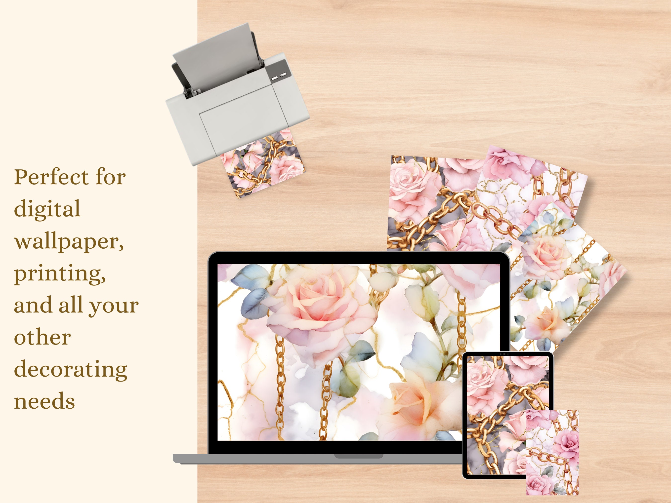 Chains And Roses 3 Seamless Patterns Watercolor Chains and Roses, Digital Paper Gold ...