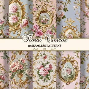Rokoko Florale nahtlose Muster, Shabby Chic Digital Paper Pack JPG, Cottagecore Junk Journal Papier, druckbare französische Land digitale Dateien