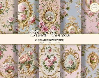 Rococo Floral Seamless Patterns, Shabby Chic Digital Paper Pack JPG, Cottagecore Junk Journal Paper, Printable French Country Digital Files