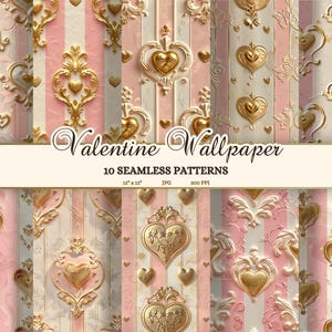 Valentinstag Digital Wallpaper JPG, Kokette Ästhetische Nahtlose Muster, Gestreiftes bedruckbares Papier mit rosa Herzen, Rokoko Kraftpapier